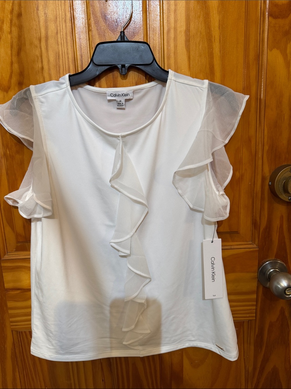 Calvin Klein White Ruffle-Sleeve Blouse